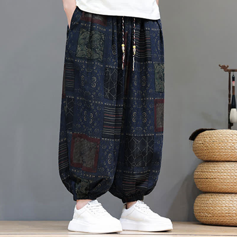 Nimara Ritual Summer Boho Casual Drawstring Geometric Cropped Pants Men's Harem Pants With Pocket