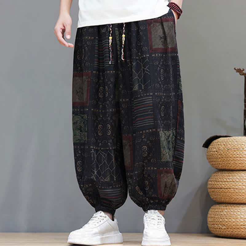 Nimara Ritual Summer Boho Casual Drawstring Geometric Cropped Pants Men's Harem Pants With Pocket