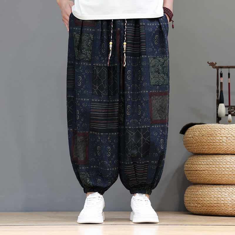Nimara Ritual Summer Boho Casual Drawstring Geometric Cropped Pants Men's Harem Pants With Pocket
