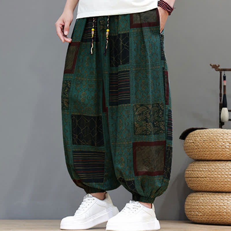 Nimara Ritual Summer Boho Casual Drawstring Geometric Cropped Pants Men's Harem Pants With Pocket