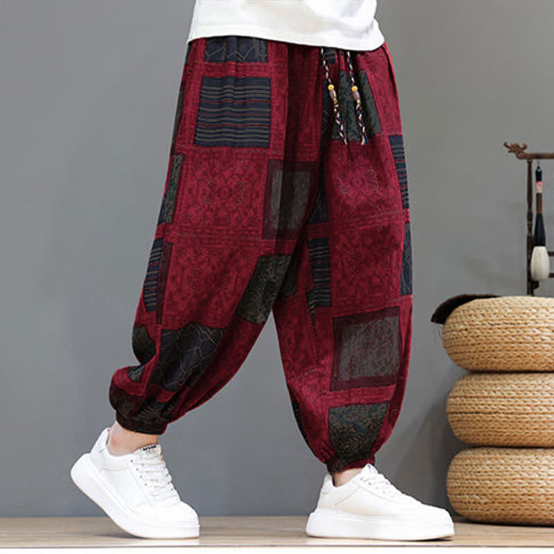 Nimara Ritual Summer Boho Casual Drawstring Geometric Cropped Pants Men's Harem Pants With Pocket