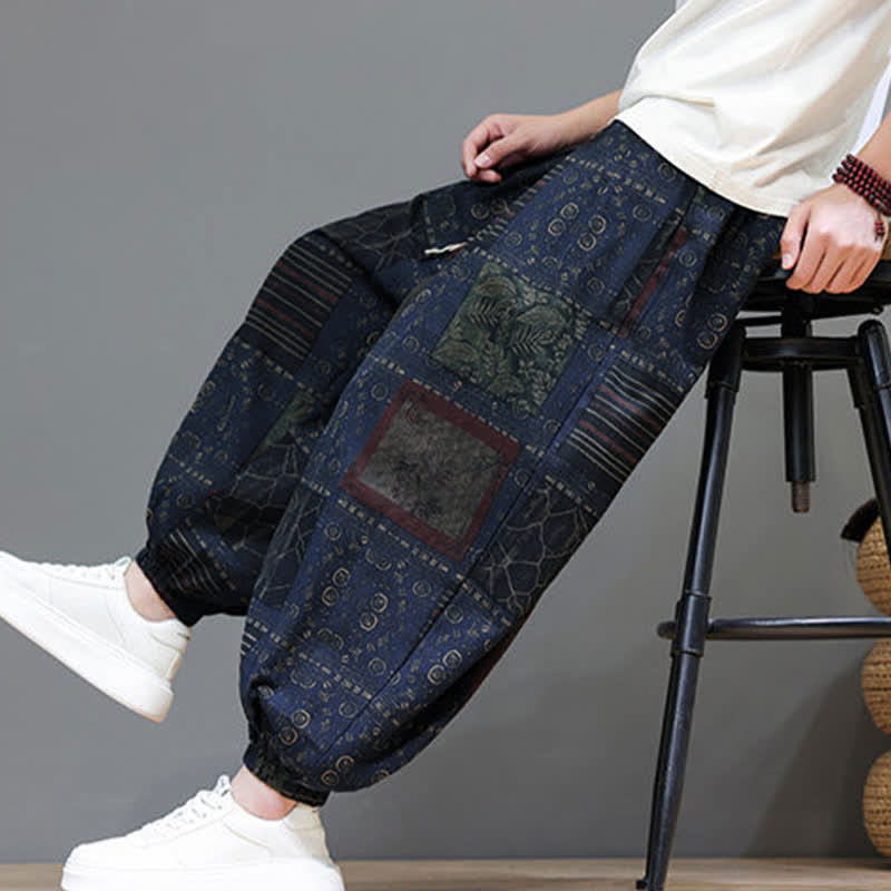 Nimara Ritual Summer Boho Casual Drawstring Geometric Cropped Pants Men's Harem Pants With Pocket