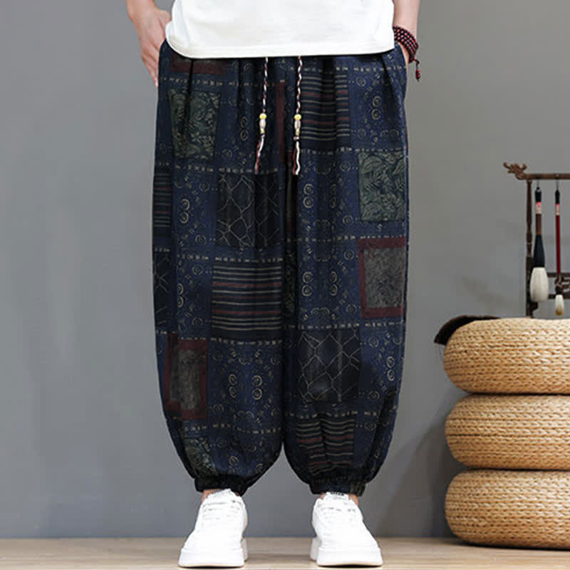 Nimara Ritual Summer Boho Casual Drawstring Geometric Cropped Pants Men's Harem Pants With Pocket