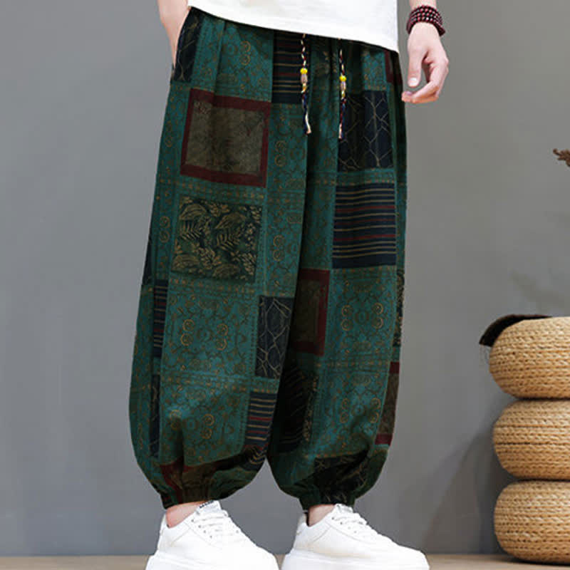 Nimara Ritual Summer Boho Casual Drawstring Geometric Cropped Pants Men's Harem Pants With Pocket