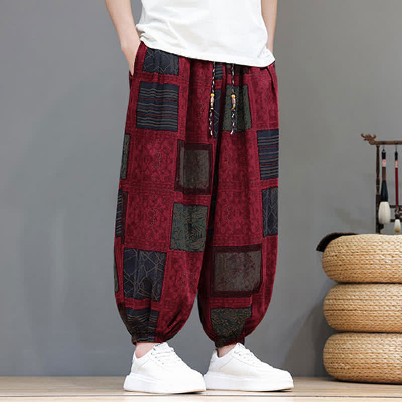 Nimara Ritual Summer Boho Casual Drawstring Geometric Cropped Pants Men's Harem Pants With Pocket