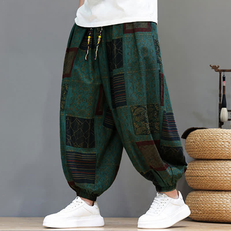 Nimara Ritual Summer Boho Casual Drawstring Geometric Cropped Pants Men's Harem Pants With Pocket