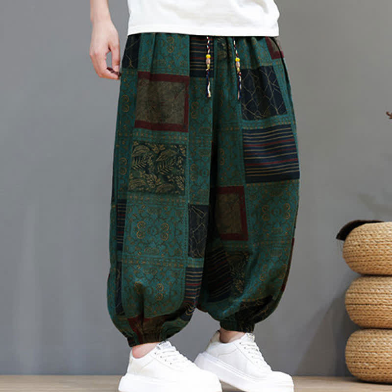 Nimara Ritual Summer Boho Casual Drawstring Geometric Cropped Pants Men's Harem Pants With Pocket