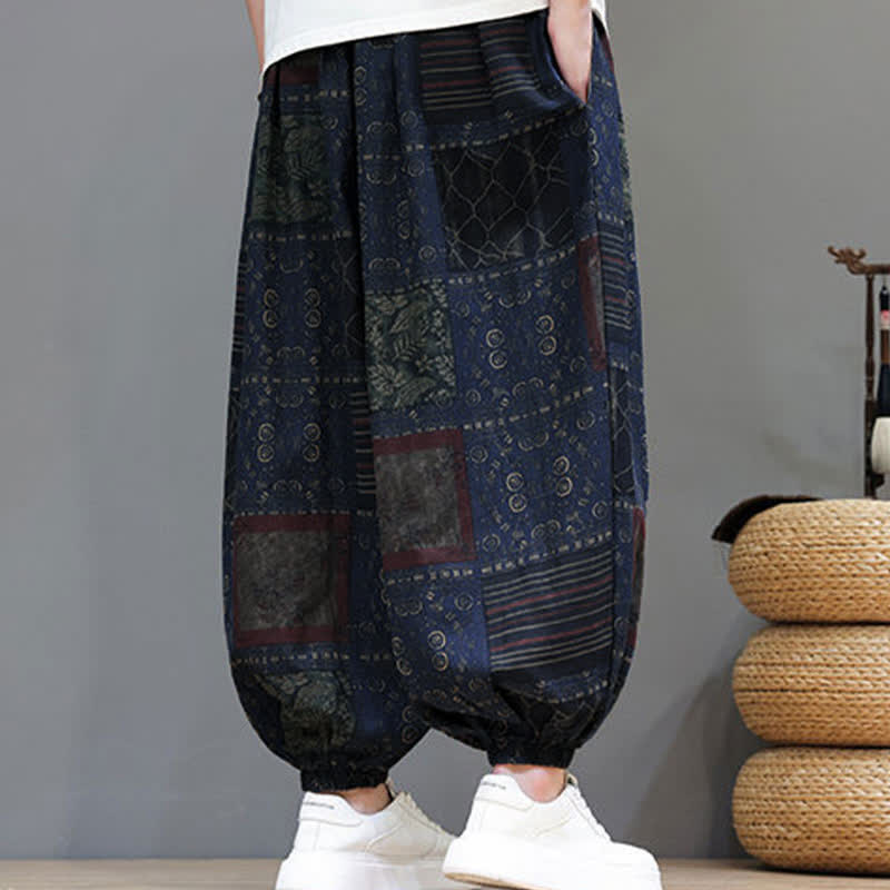 Nimara Ritual Summer Boho Casual Drawstring Geometric Cropped Pants Men's Harem Pants With Pocket