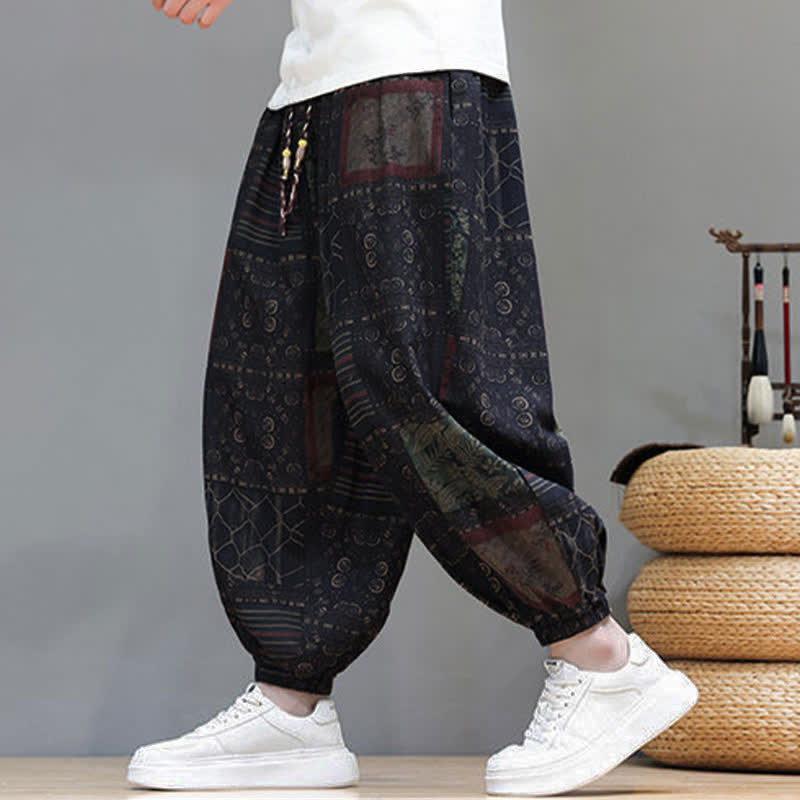 Nimara Ritual Summer Boho Casual Drawstring Geometric Cropped Pants Men's Harem Pants With Pocket