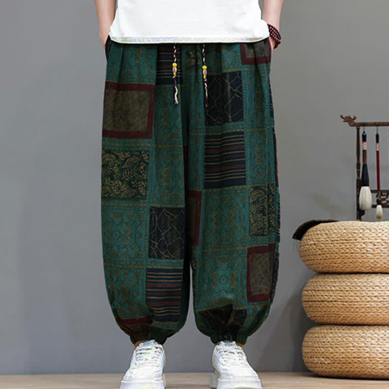 Nimara Ritual Summer Boho Casual Drawstring Geometric Cropped Pants Men's Harem Pants With Pocket