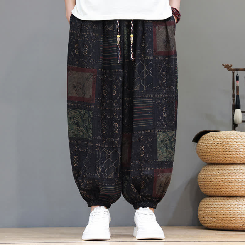 Nimara Ritual Summer Boho Casual Drawstring Geometric Cropped Pants Men's Harem Pants With Pocket
