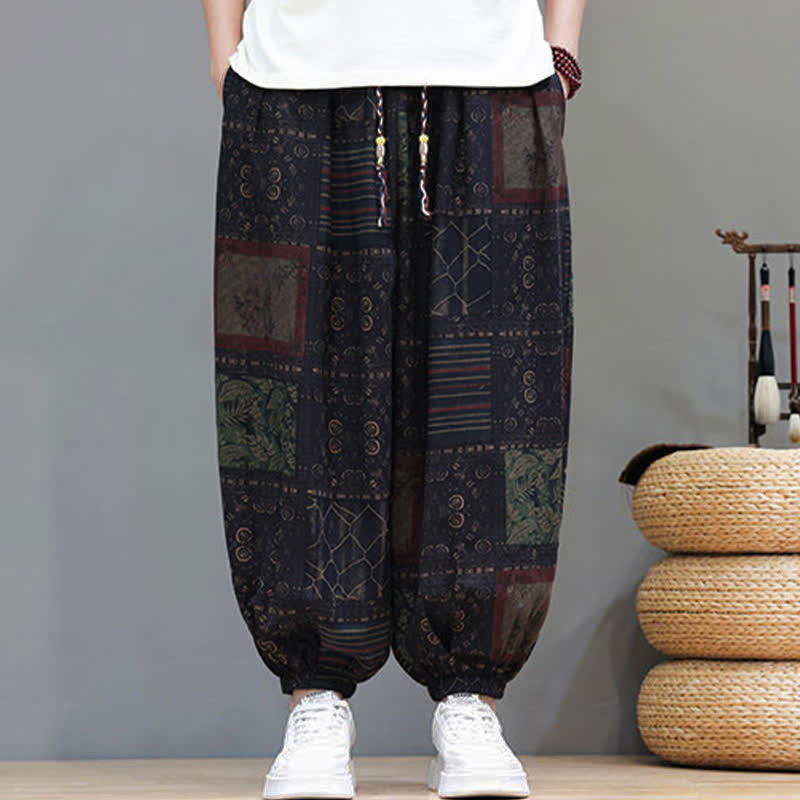 Nimara Ritual Summer Boho Casual Drawstring Geometric Cropped Pants Men's Harem Pants With Pocket