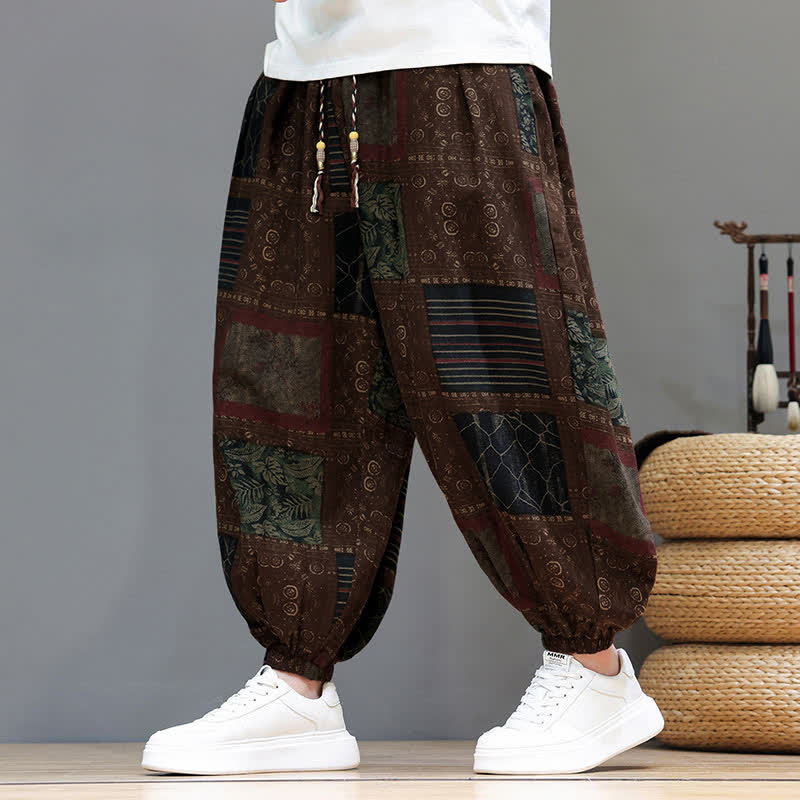 Nimara Ritual Summer Boho Casual Drawstring Geometric Cropped Pants Men's Harem Pants With Pocket