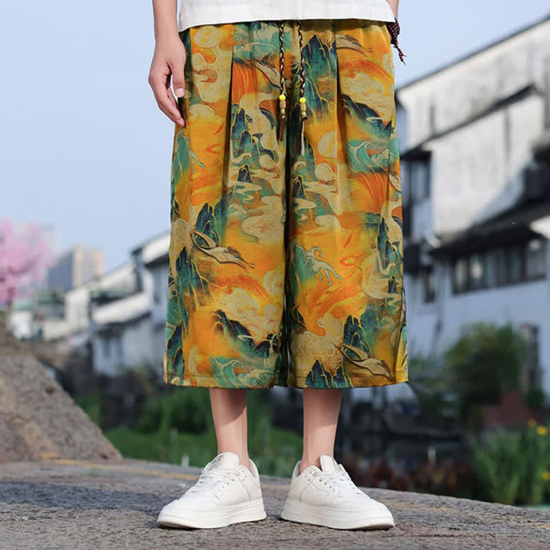 Nimara Ritual Summer Vintage Casual Drawstring Crane Print Men's Cropped Pants With Pocket