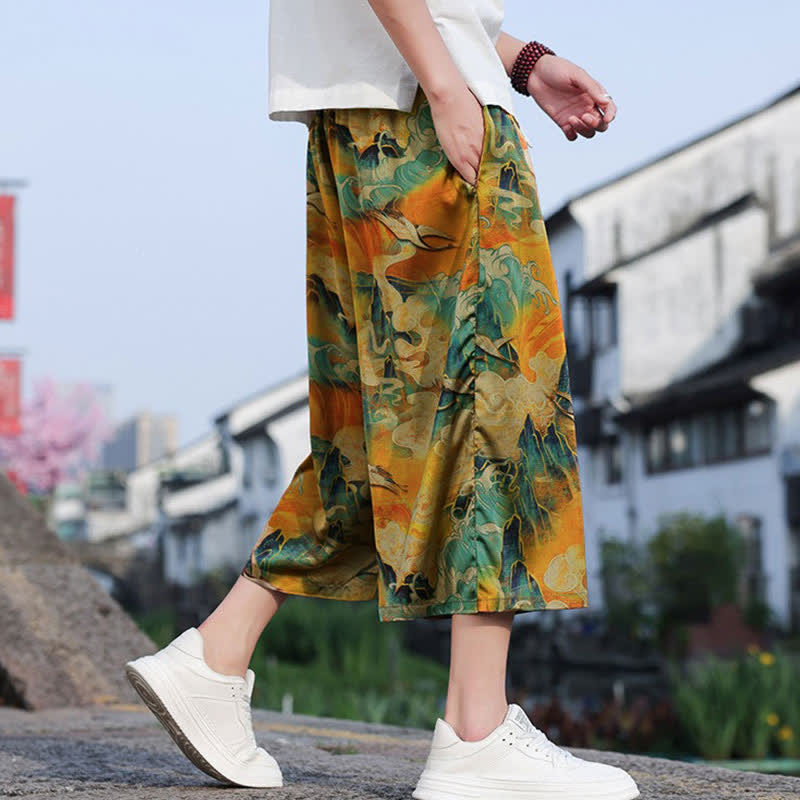 Nimara Ritual Summer Vintage Casual Drawstring Crane Print Men's Cropped Pants With Pocket