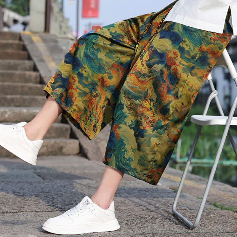 Nimara Ritual Summer Vintage Casual Drawstring Crane Print Men's Cropped Pants With Pocket