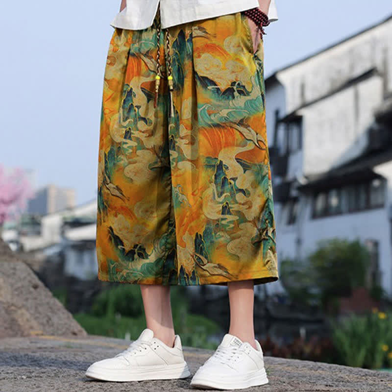 Nimara Ritual Summer Vintage Casual Drawstring Crane Print Men's Cropped Pants With Pocket