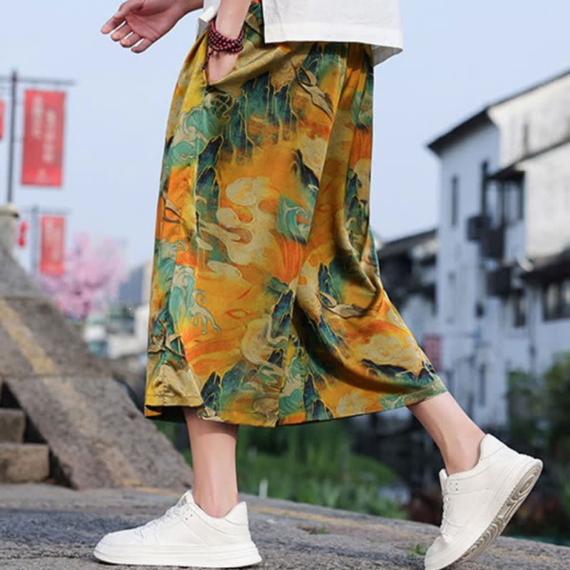 Nimara Ritual Summer Vintage Casual Drawstring Crane Print Men's Cropped Pants With Pocket