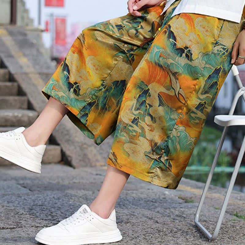 Nimara Ritual Summer Vintage Casual Drawstring Crane Print Men's Cropped Pants With Pocket
