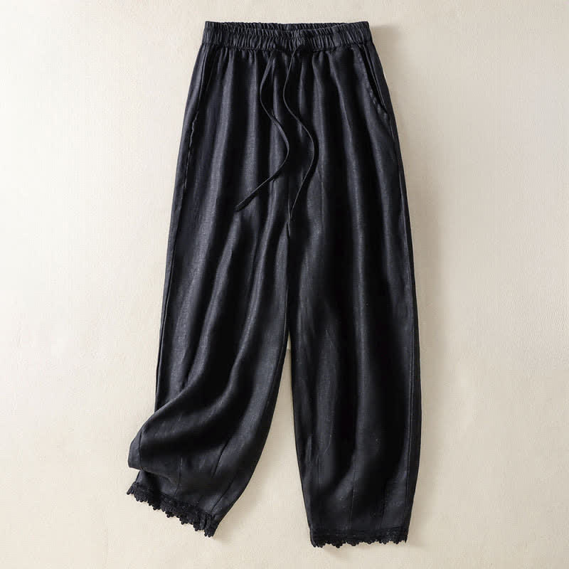 Nimara Ritual Summer Casual Boho Drawstring Solid Cropped Pants Ramie Women's Harem Pants With Pockets