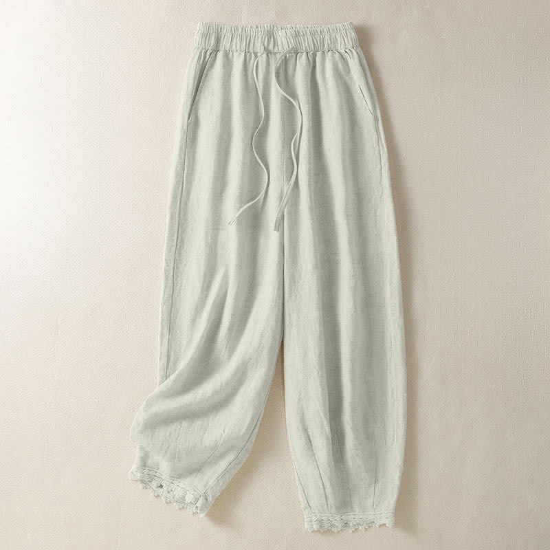 Nimara Ritual Summer Casual Boho Drawstring Solid Cropped Pants Ramie Women's Harem Pants With Pockets