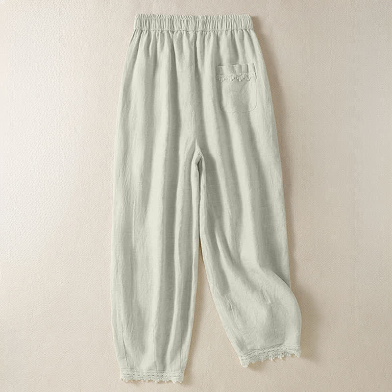 Nimara Ritual Summer Casual Boho Drawstring Solid Cropped Pants Ramie Women's Harem Pants With Pockets