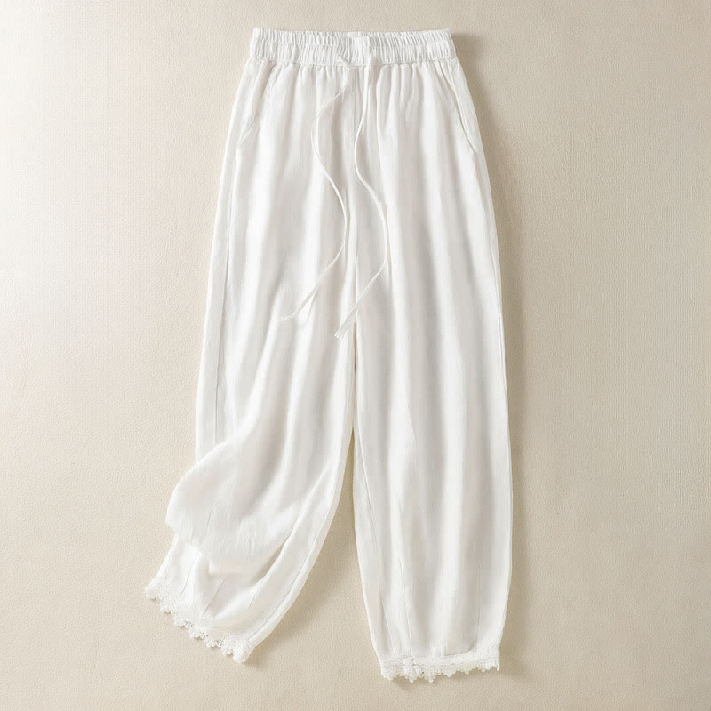 Nimara Ritual Summer Casual Boho Drawstring Solid Cropped Pants Ramie Women's Harem Pants With Pockets