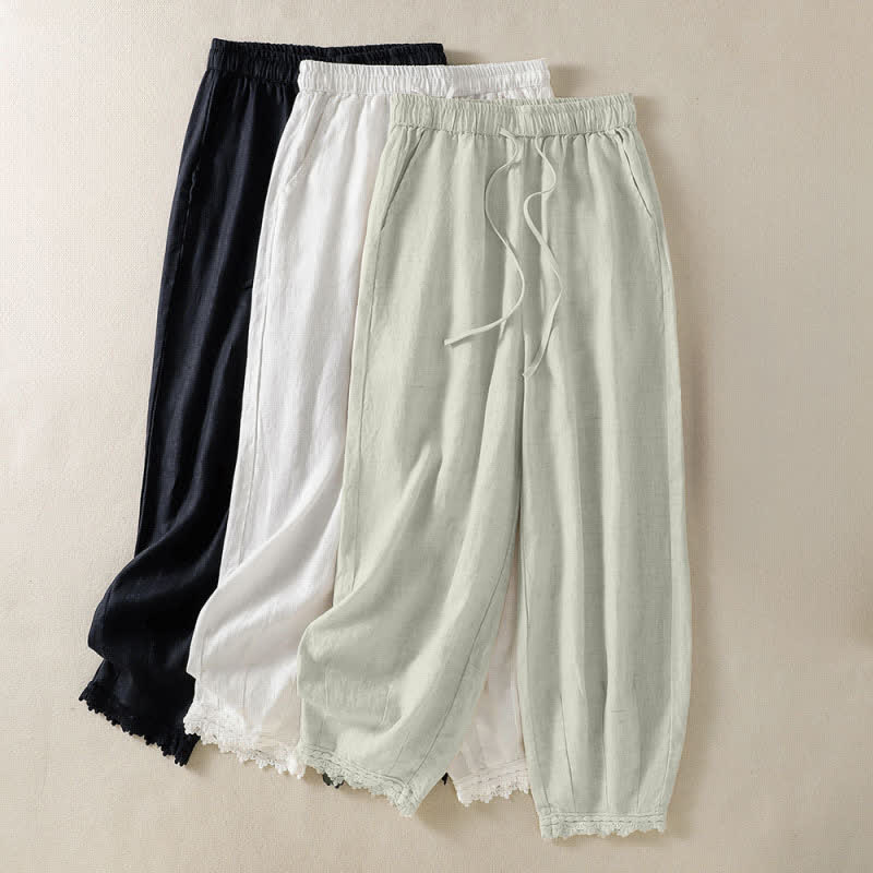 Nimara Ritual Summer Casual Boho Drawstring Solid Cropped Pants Ramie Women's Harem Pants With Pockets