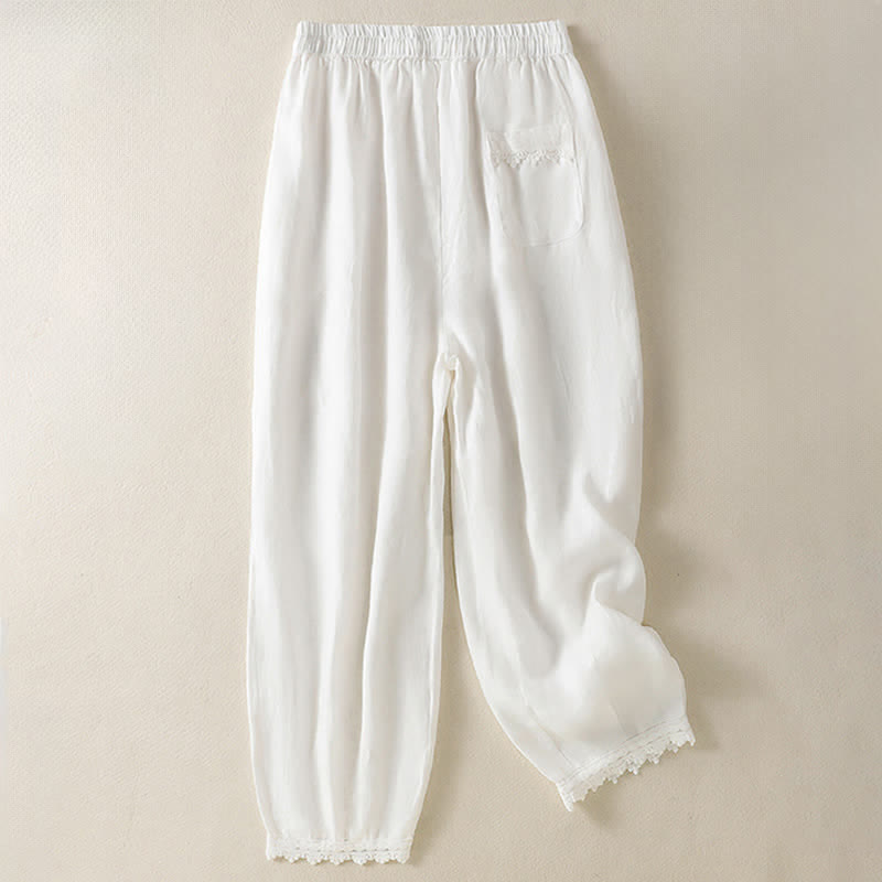 Nimara Ritual Summer Casual Boho Drawstring Solid Cropped Pants Ramie Women's Harem Pants With Pockets