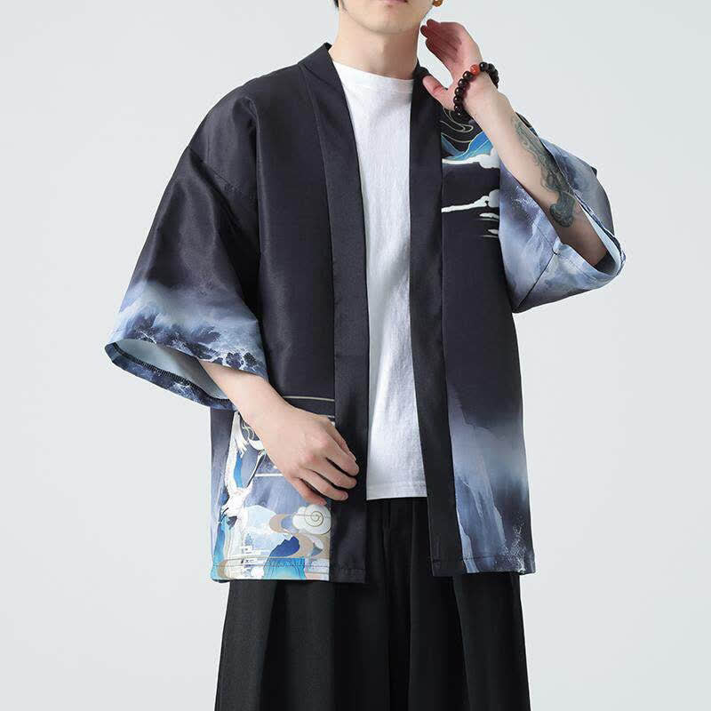 Nimara Ritual Summer Casual Vintage Crane Print Men's Kimonos