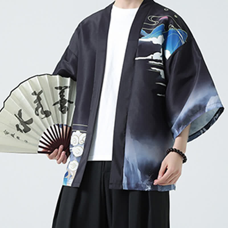Nimara Ritual Summer Casual Vintage Crane Print Men's Kimonos
