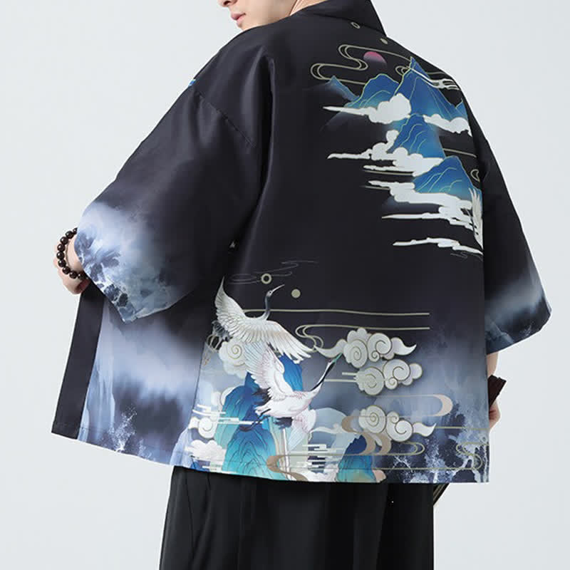 Nimara Ritual Summer Casual Vintage Crane Print Men's Kimonos