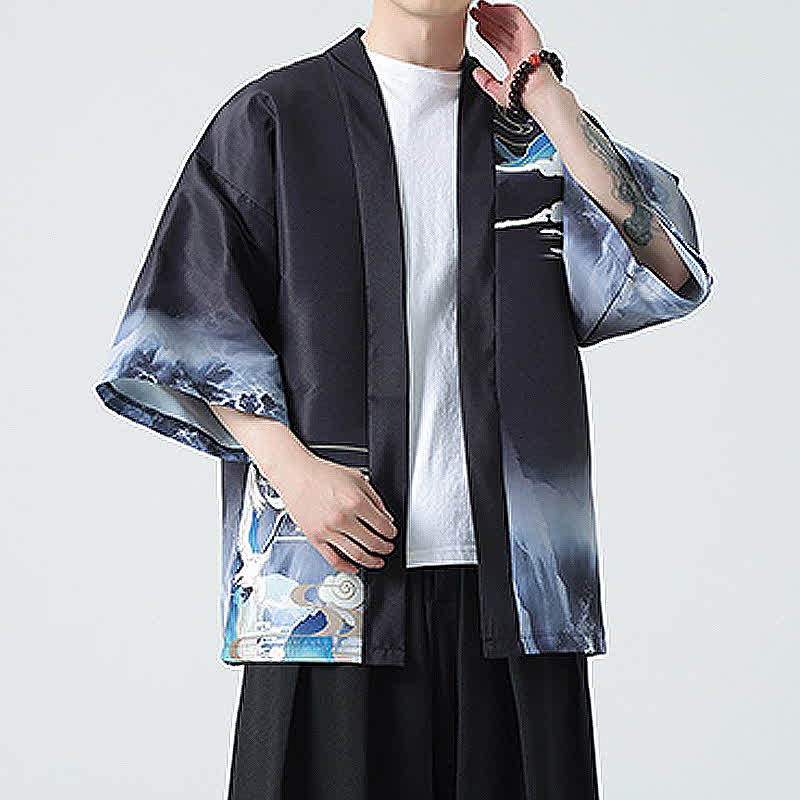 Nimara Ritual Summer Casual Vintage Crane Print Men's Kimonos