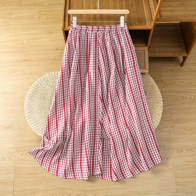 Nimara Ritual Summer Casual Vintage vertical Plaid A-line Women's Skirts With Pocket