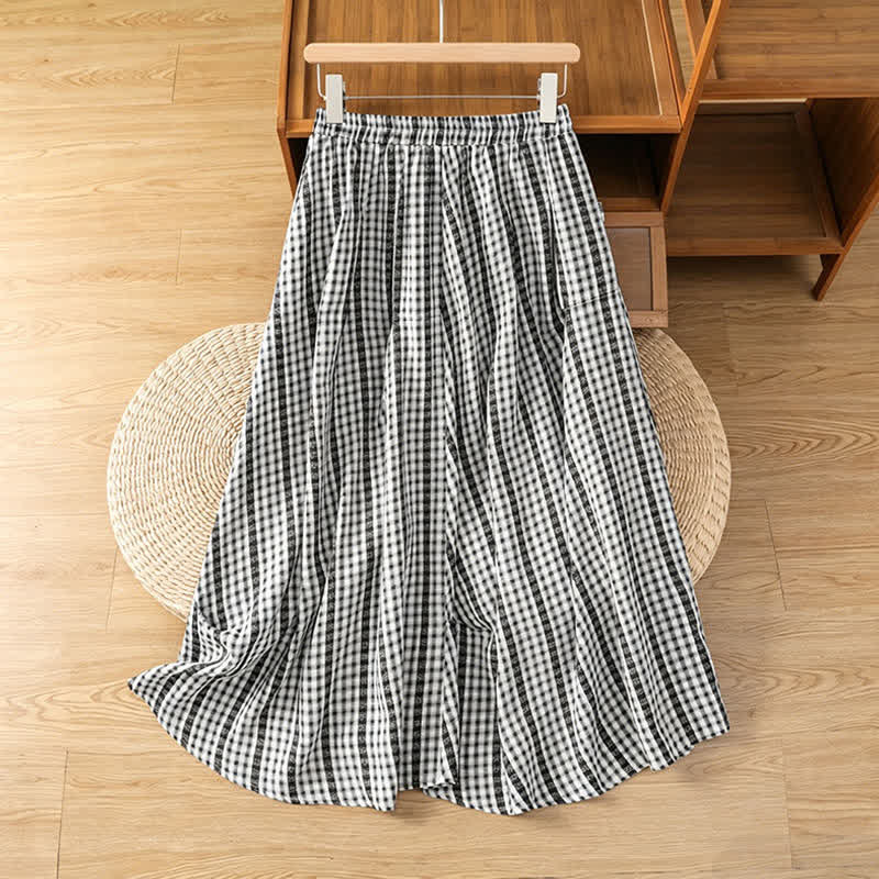 Nimara Ritual Summer Casual Vintage vertical Plaid A-line Women's Skirts With Pocket