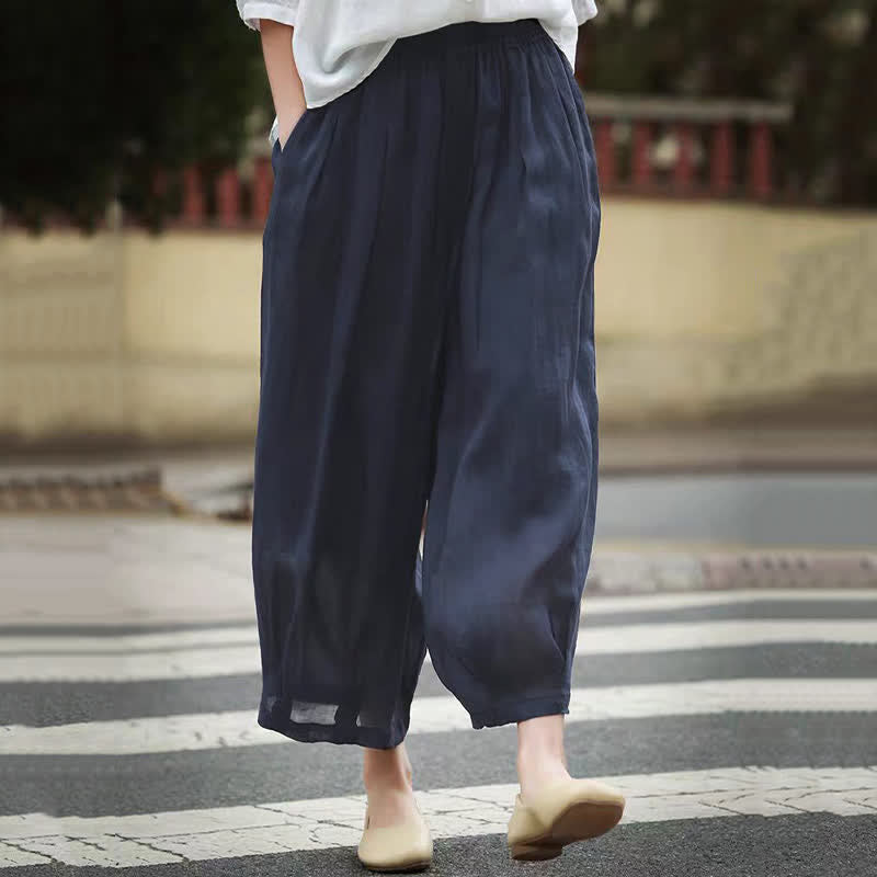 Nimara Ritual Summer Casual Boho Drawstring Solid Capri Pants Women's Wide Leg Pants With Pockets