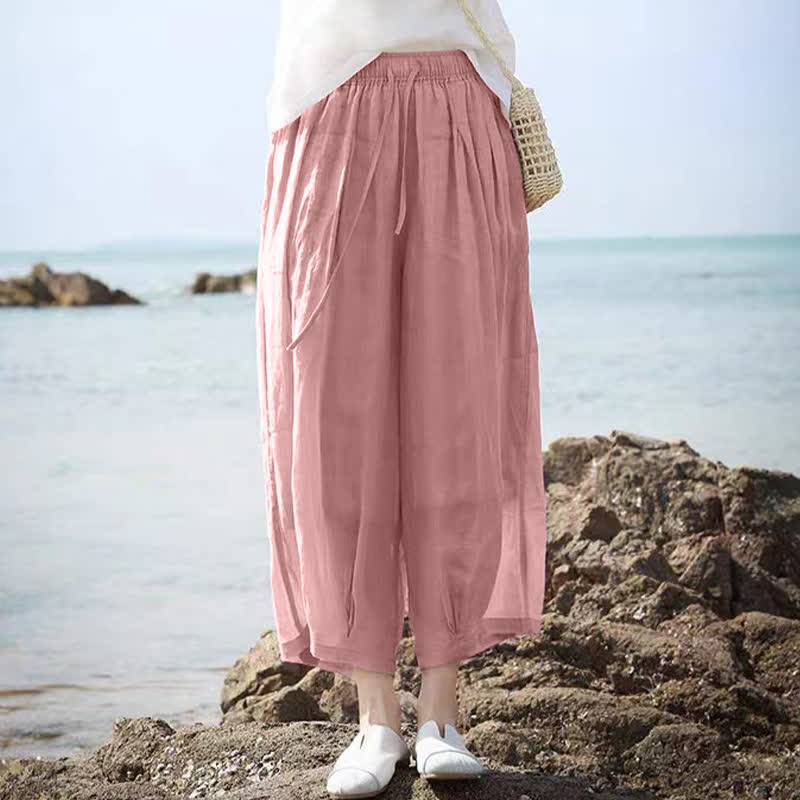 Nimara Ritual Summer Casual Boho Drawstring Solid Capri Pants Women's Wide Leg Pants With Pockets