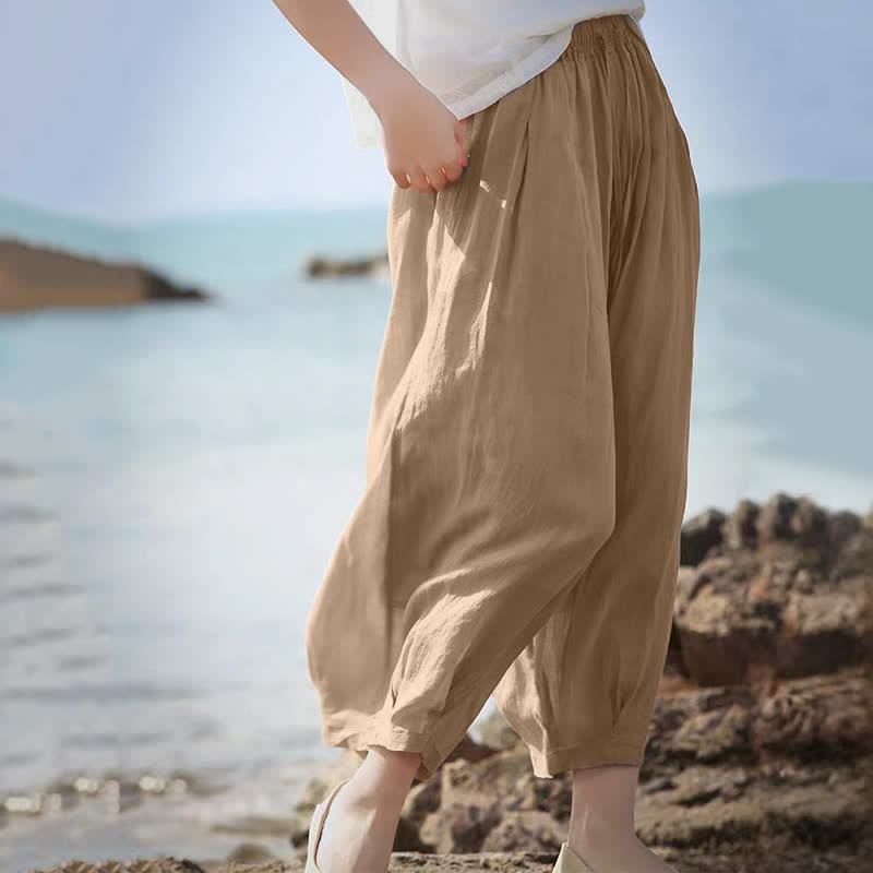 Nimara Ritual Summer Casual Boho Drawstring Solid Capri Pants Women's Wide Leg Pants With Pockets