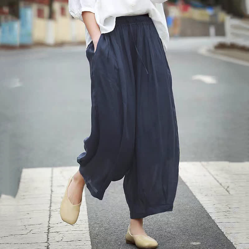Nimara Ritual Summer Casual Boho Drawstring Solid Capri Pants Women's Wide Leg Pants With Pockets