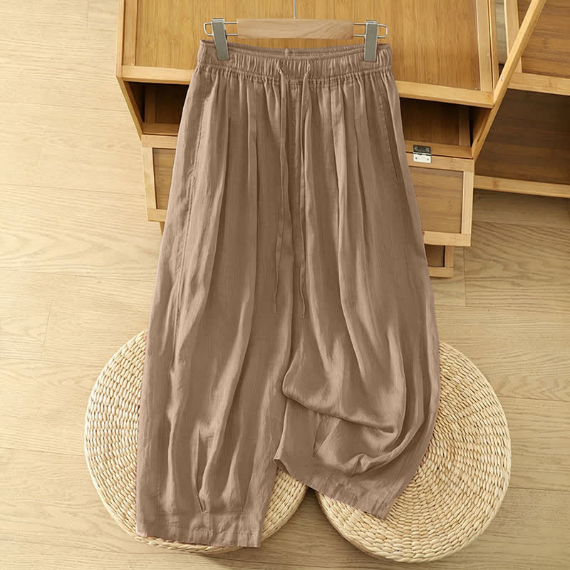 Nimara Ritual Summer Casual Boho Drawstring Solid Capri Pants Women's Wide Leg Pants With Pockets