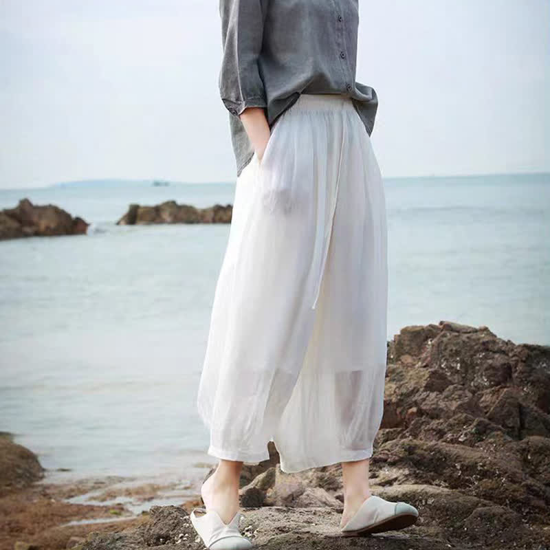Nimara Ritual Summer Casual Boho Drawstring Solid Capri Pants Women's Wide Leg Pants With Pockets