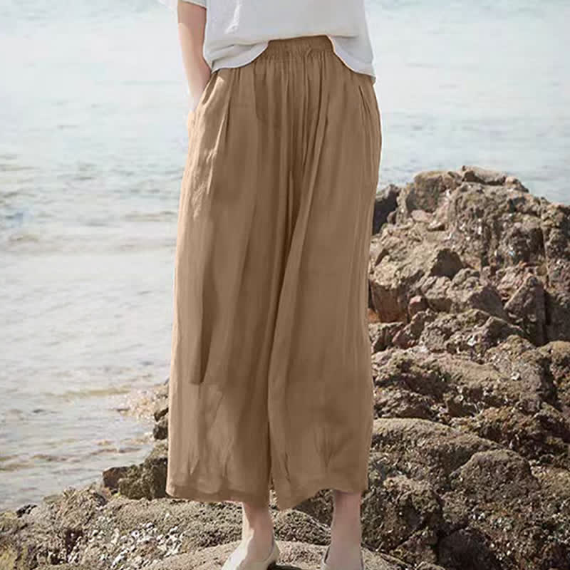 Nimara Ritual Summer Casual Boho Drawstring Solid Capri Pants Women's Wide Leg Pants With Pockets
