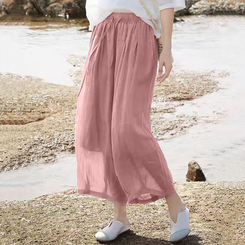 Nimara Ritual Summer Casual Boho Drawstring Solid Capri Pants Women's Wide Leg Pants With Pockets