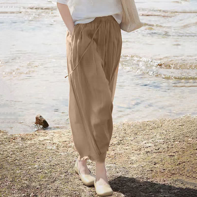 Nimara Ritual Summer Casual Boho Drawstring Solid Capri Pants Women's Wide Leg Pants With Pockets