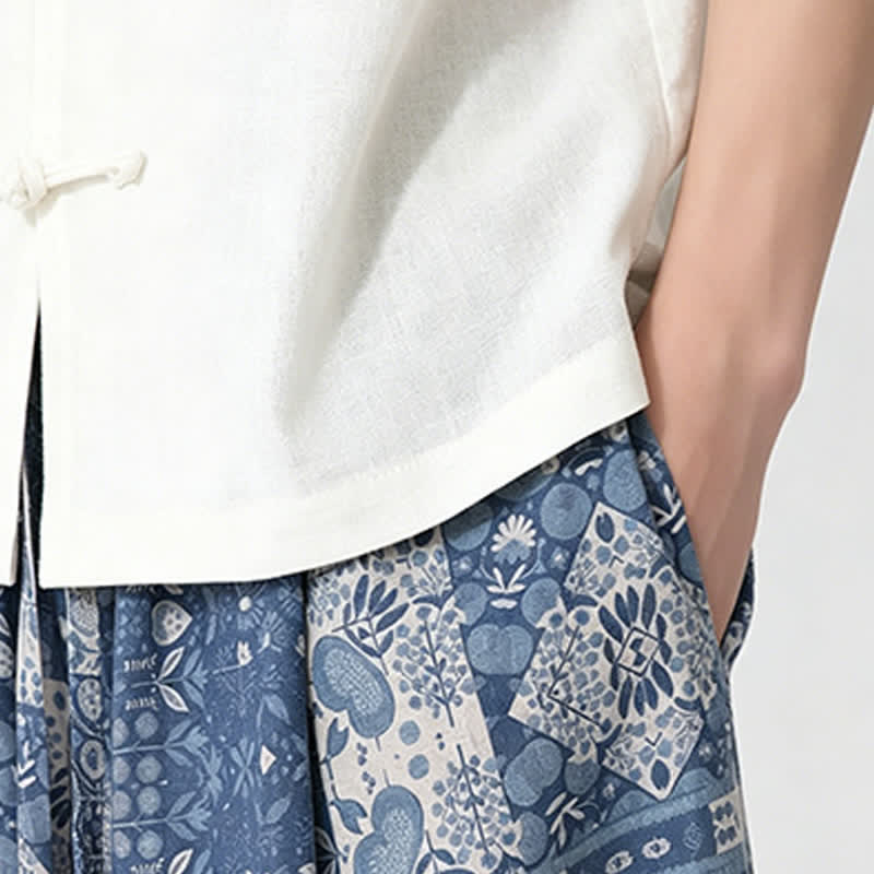 Nimara Ritual Summer Boho Casual Drawstring Floral Capri Pants Men's Wide Leg Pants With Pocket