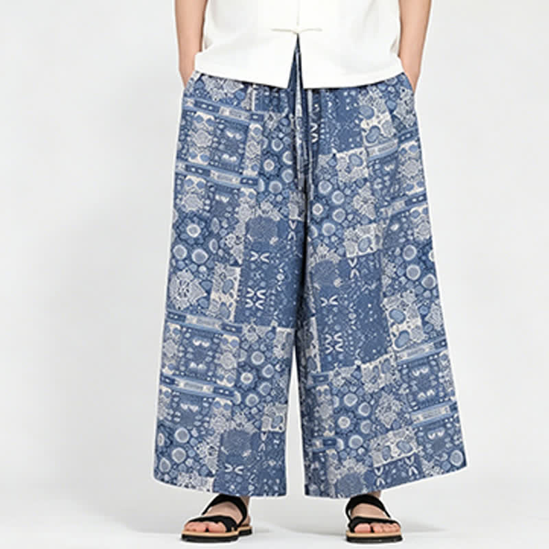 Nimara Ritual Summer Boho Casual Drawstring Floral Capri Pants Men's Wide Leg Pants With Pocket