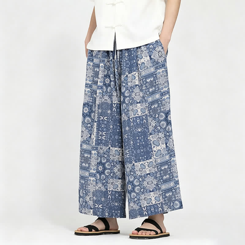 Nimara Ritual Summer Boho Casual Drawstring Floral Capri Pants Men's Wide Leg Pants With Pocket