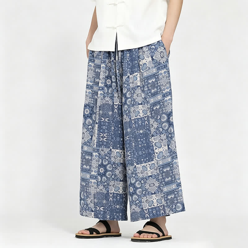 Nimara Ritual Summer Boho Casual Drawstring Floral Capri Pants Men's Wide Leg Pants With Pocket