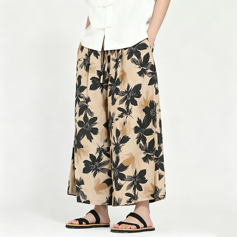 Nimara Ritual Summer Boho Casual Drawstring Floral Capri Pants Men's Wide Leg Pants With Pocket