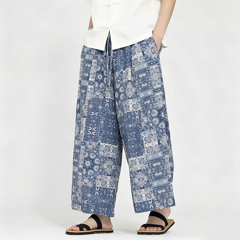 Nimara Ritual Summer Boho Casual Drawstring Floral Capri Pants Men's Wide Leg Pants With Pocket